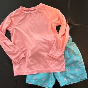 Cat & Jack Pink Rash Guard and Blue Flamingo Swim Trunks